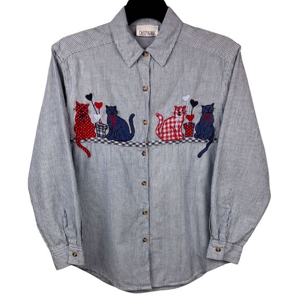 Vintage Casey & Max Shirt Embroidered Cat Button-Up Stripe Collar 90s Medium Y2K - Picture 1 of 8